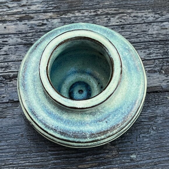 Vintage Artist Signed Blue Drip Brown Glaze Studio Pottery Vase Wheel Thrown Pot - Picture 4 of 5